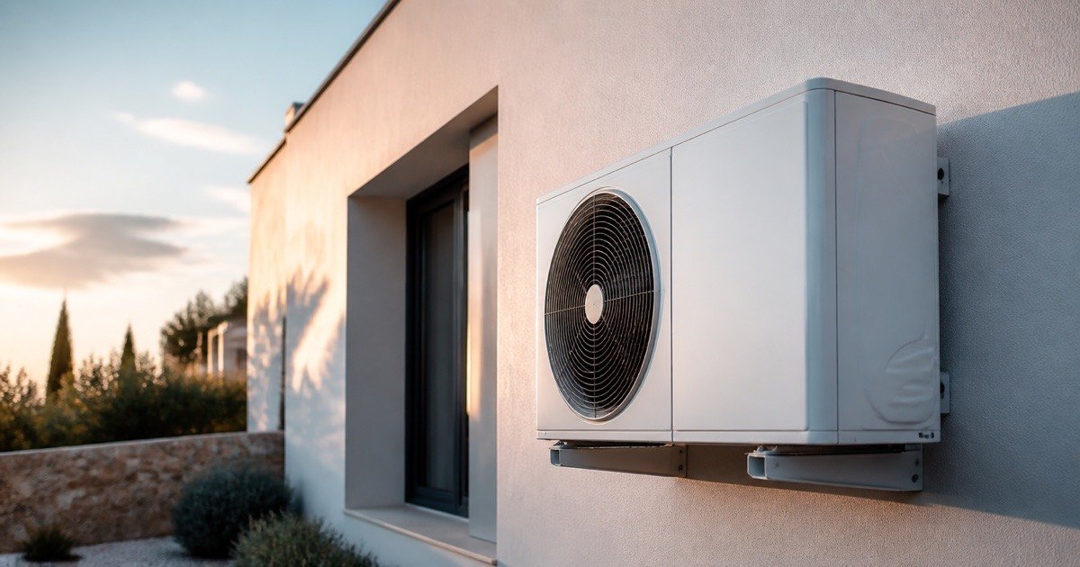 Unidad exterior de una bomba de calor aerotérmica instalada en la fachada de una vivienda